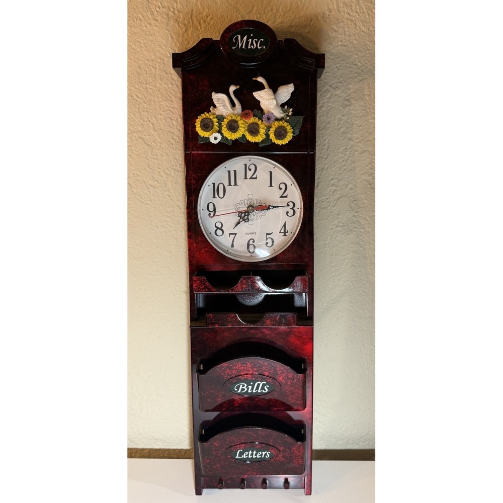 VTG Wall‎ Clock Mail Organizer Swans Sunflower Bills Letters Holder Cottagecore